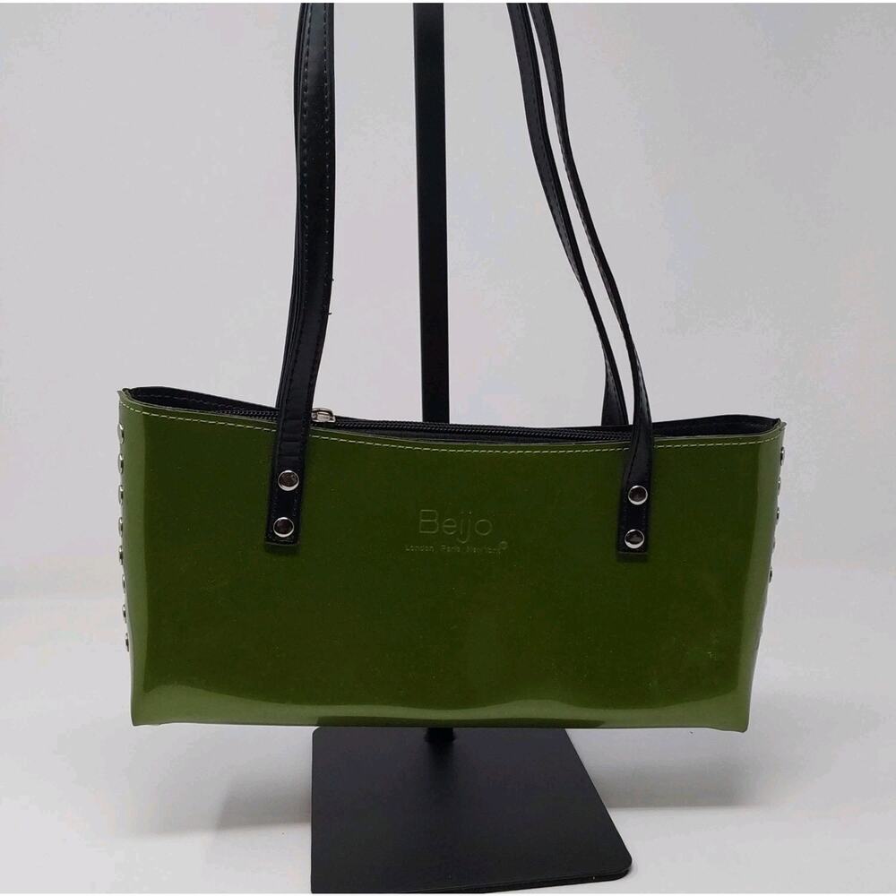 Beijo Green Patent Leather Tote Shoulder Bag Studded Zip Top Purse